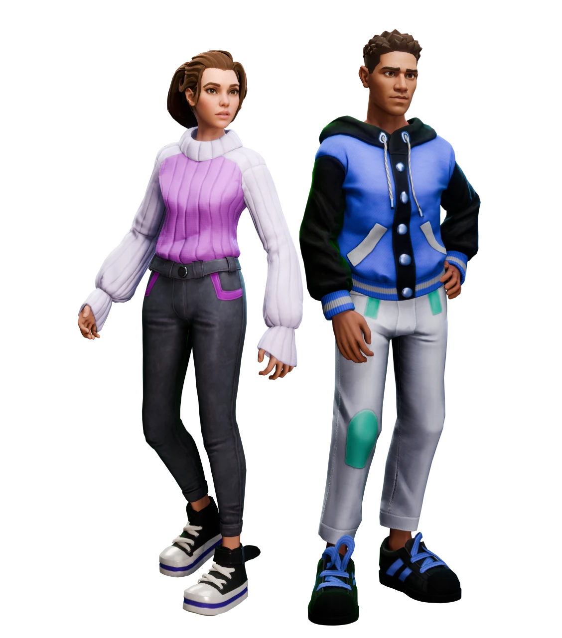 Two Noice 3d avatars standing shoulder to shoulder with custom builds, outfits and other traits